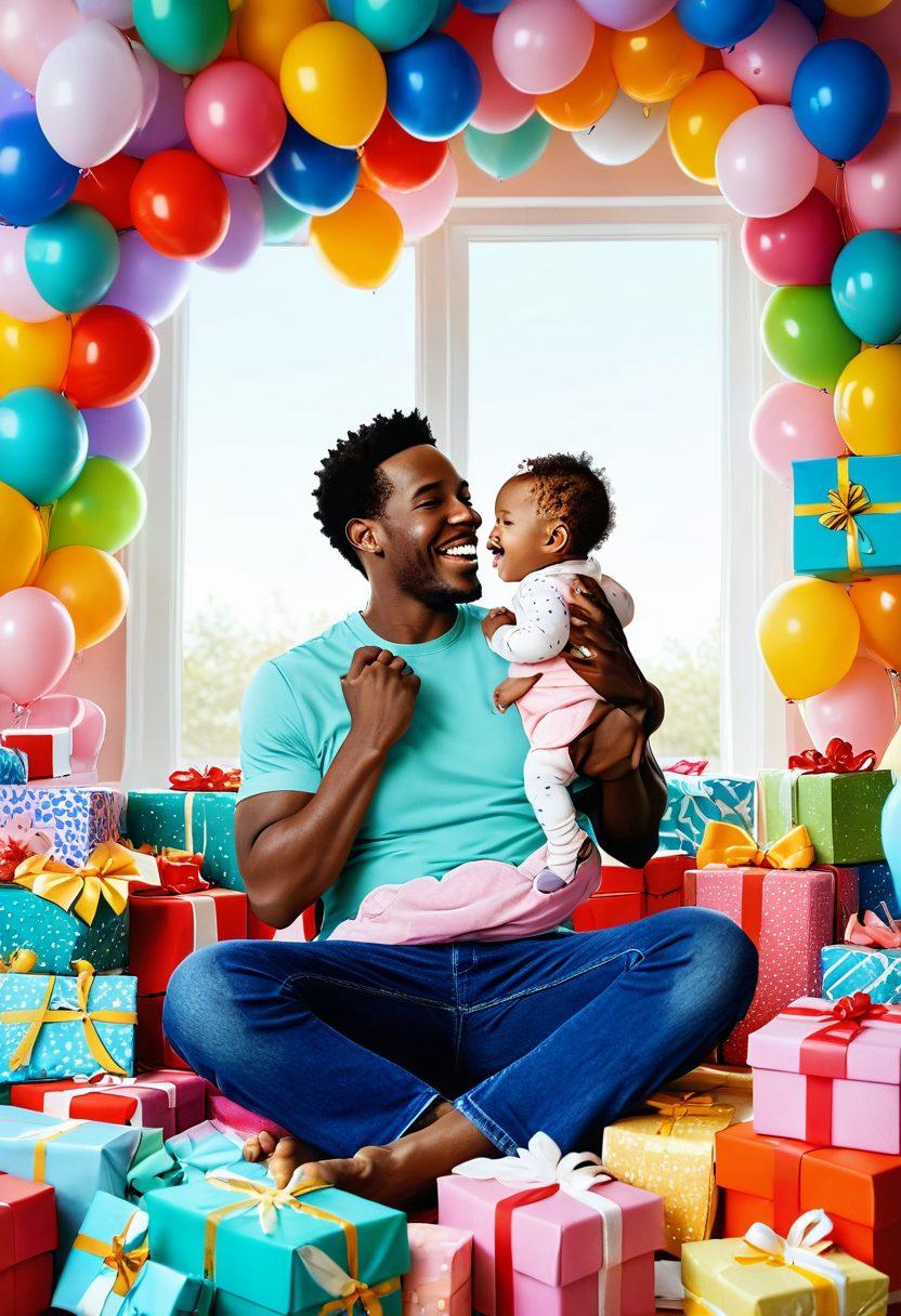 A joyful scene of new parents surrounded by colorful gift boxes and playful discounts graphics floating in the air. The parents, beaming with happiness, are holding their baby while discovering various freebies, such as baby clothes, toys, and care packages, scattered around them. Bright pastel colors dominate the image, enhancing the warm and inviting atmosphere of parenthood. super-realistic. vibrant colors. soft focus.