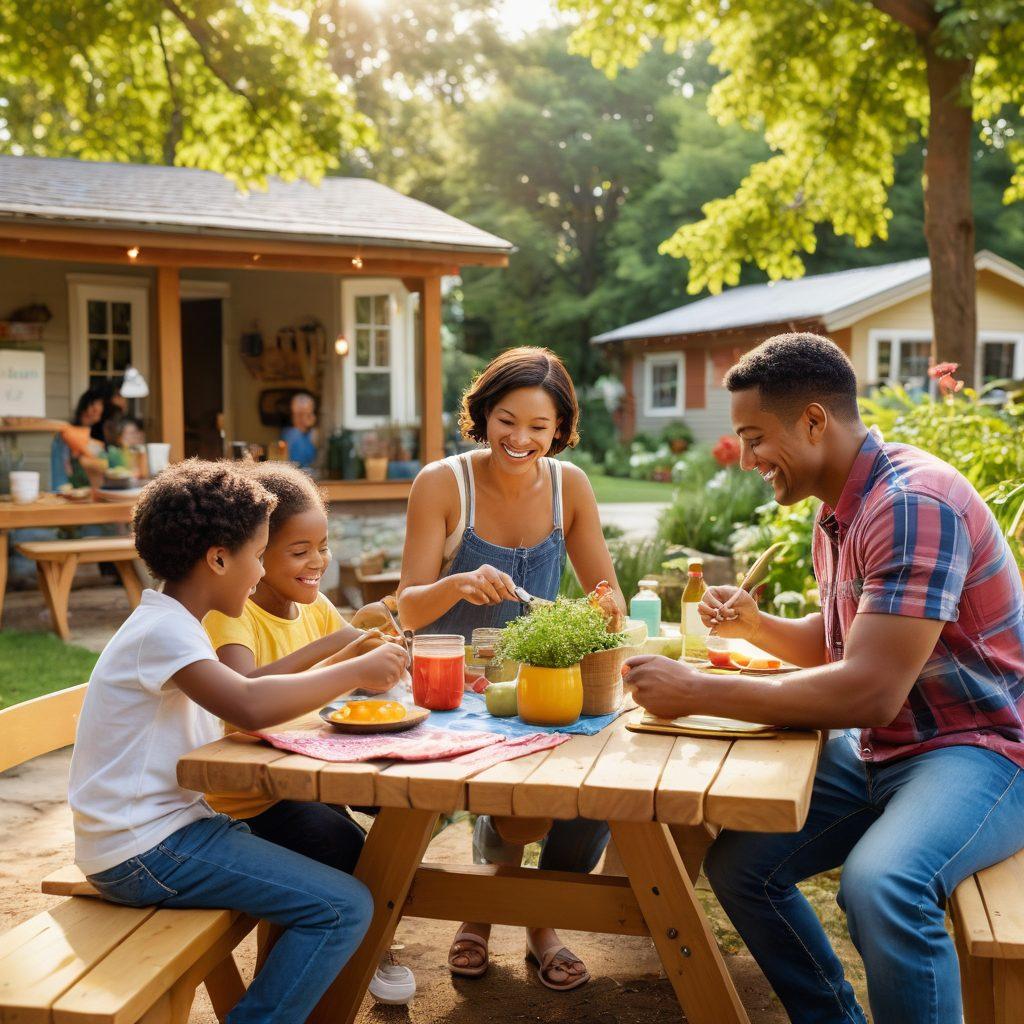 A heartwarming scene of diverse parents joyfully engaging in budget-friendly activities with their children, such as cooking healthy meals together, playing outdoors, and crafting with recycled materials. Colorful, inviting visuals showcasing a harmonious blend of learning and fun, with smiles all around. Set in a cozy home or park environment, emphasizing family bonding and creativity. super-realistic. vibrant colors. uplifting atmosphere.